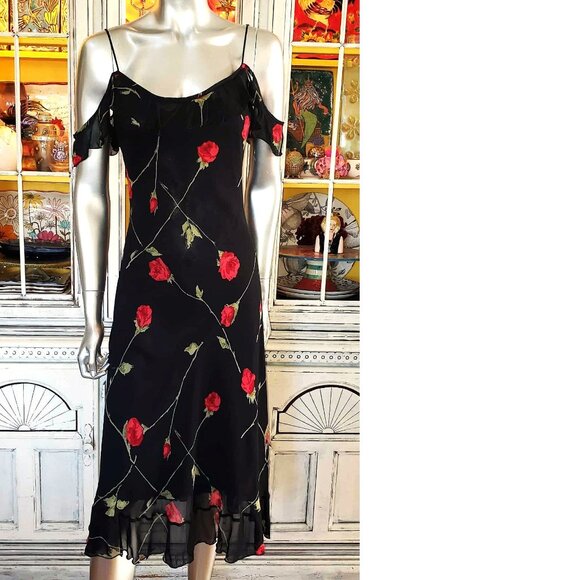 Vintage Betsey Johnson New York 90s Black Floral Red Rose Milkmaid Slip Dress S - Picture 2 of 15